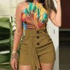 Solid Button Front Shorts Tie Waist Beach Summer High Waist Shorts Women's Clothing