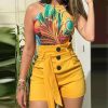 Solid Button Front Shorts Tie Waist Beach Summer High Waist Shorts Women's Clothing